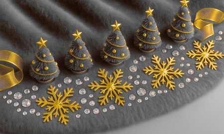 3d illustration of golden christmas tree on black fur with golden ribbonの素材