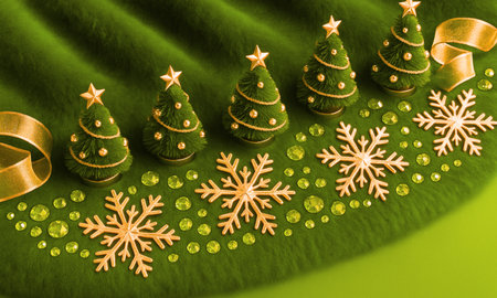 Christmas tree on green velvet background with snowflakes and ribbonsの素材
