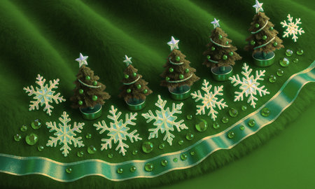 Christmas trees and snowflakes on a green background. 3D renderingの素材
