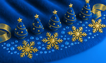 Christmas tree made of blue fur with gold snowflakes on a blue backgroundの素材
