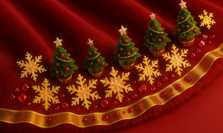Christmas tree and golden snowflakes on red velvet background, 3d illustrationの素材