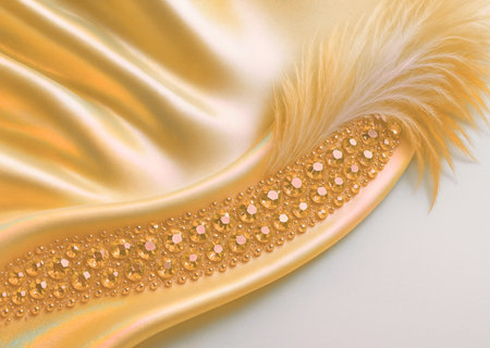 golden satin background with feather. close-up view.の素材