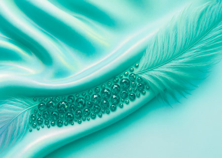 Beautiful abstract color blue and green feathers on white background and soft white feather with water drops on itの素材