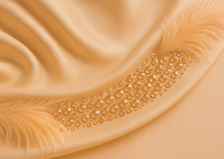 Beautiful golden satin background with pearls and feathers. Close up.の素材