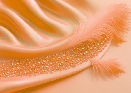 Abstract orange background with feather and water drops. 3d illustration.の素材