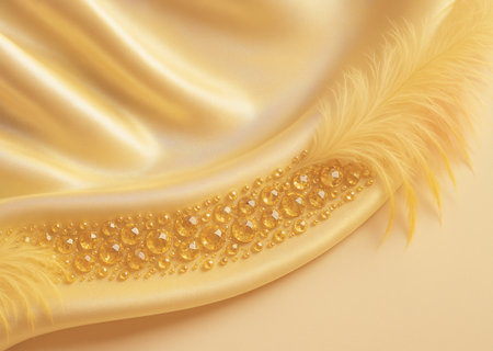 golden satin background with feather and pearls, closeupの素材