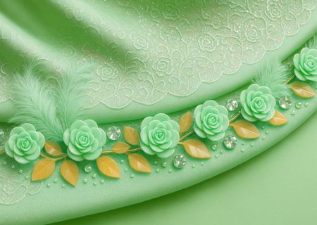 Close-up of green satin fabric with flowers and pearlsの素材