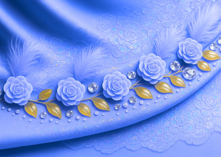 blue satin background with flowers and pearls, close-upの素材