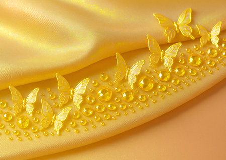 golden satin background with butterflies and water drops, closeupの素材