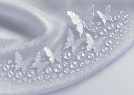 Texture, background, pattern. The fabric is white with a pattern of transparent drops of water on it. On the fabric are white butterflies.の素材