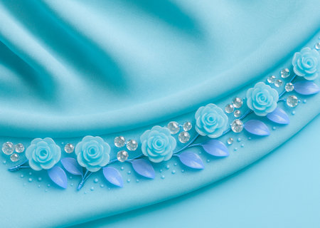 blue satin with pearls and flowers on a blue background.の素材