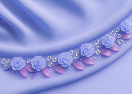 Blue satin background with flowers and pearls, close-upの素材