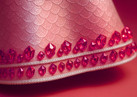 Close-up of a pink hat with diamonds on a red backgroundの素材