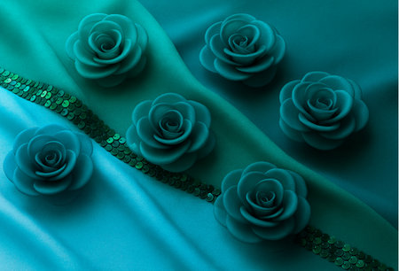 3d illustration of blue satin background with roses and green beadsの素材