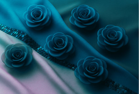3d illustration of a blue satin background with roses and laceの素材