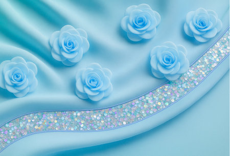 blue satin background with blue roses and rhinestones, 3d illustrationの素材