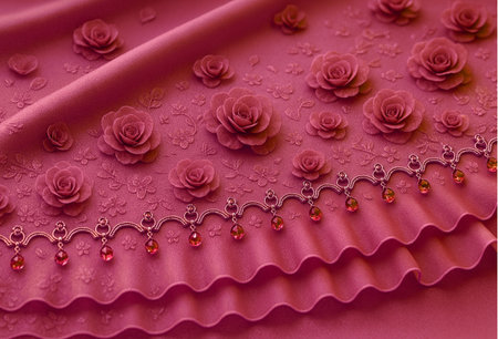 Pink fabric background with pink roses and pearls. Top view.の素材