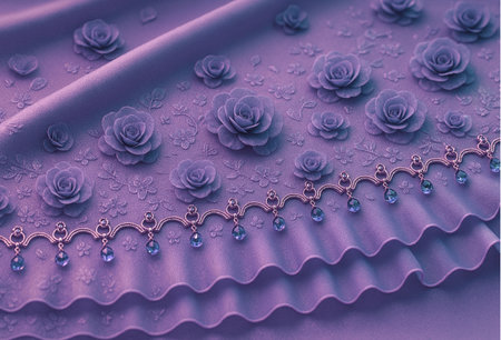 close up of wedding dress with roses in the studio on purple backgroundの素材