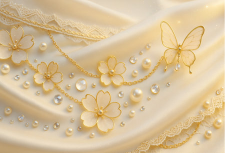 Wedding dress with gold flowers and pearls on white backgroundの素材