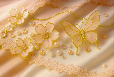 yellow lace with butterflies and pearls on the fabric close-upの素材