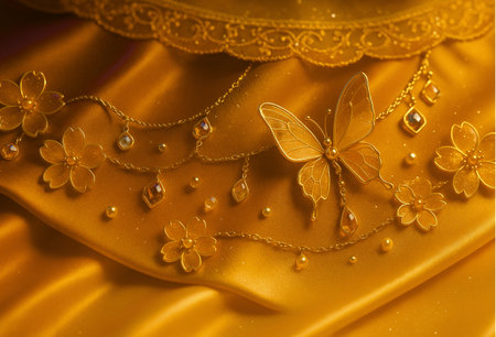 Beautiful gold fabric with pearls and butterflies. Close up.の素材