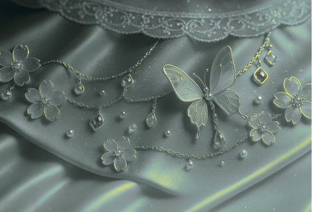 Close-up of a fabric background with butterflies and flowers. Toned.の素材