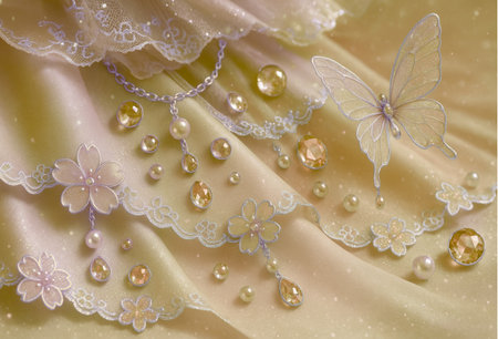 wedding dress with lace, pearls and butterflies on a yellow backgroundの素材