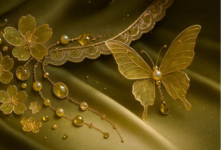 golden butterfly on the satin background with pearls and flowersの素材