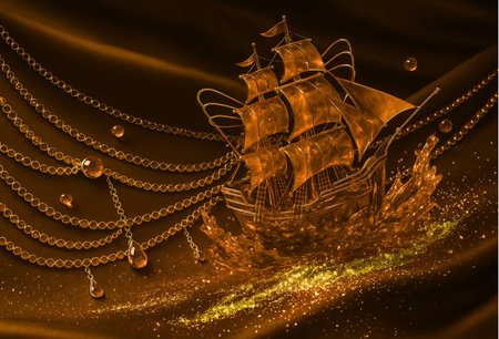 Pirate ship with gold beads on a dark background. 3d renderingの素材