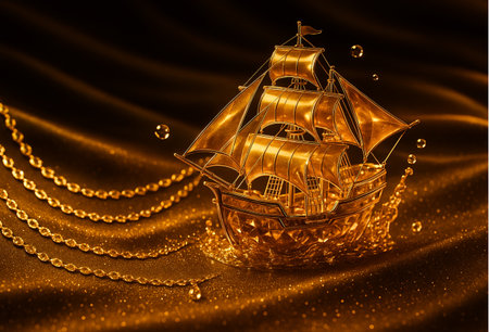 3d illustration of a golden ship in the sea with pearlsの素材