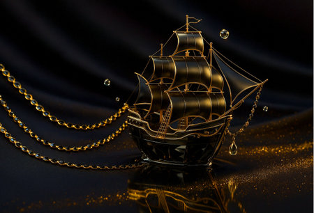Pirate ship with golden chain on black background. 3d illustrationの素材