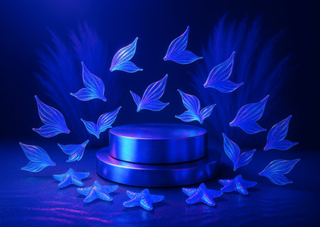Abstract blue background with a podium and starfish. 3d renderingの素材