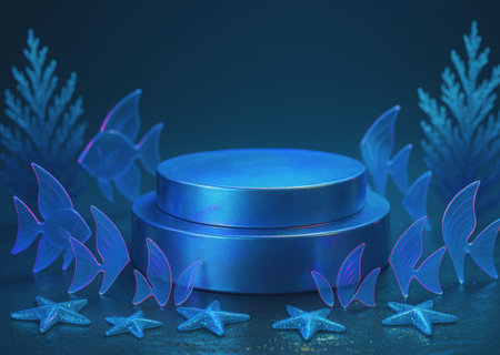 Podium and starfish on blue background. 3D illustration.の素材