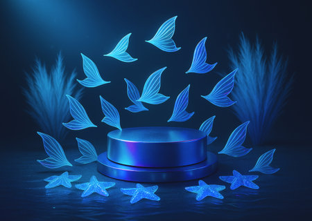 Blue podium with blue fish and feather on blue background. 3d renderingの素材
