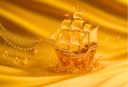 sailing boat with gold beads on yellow silk background. 3d illustrationの素材
