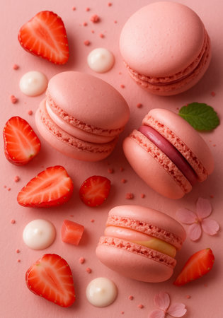 Macaroons and strawberries on a pink background. Top view.の素材