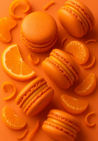 Orange macaroon with orange slices on orange background. Top viewの素材