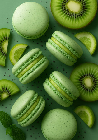 Green macaroons with kiwi and mint on green backgroundの素材