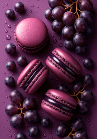 Macaroons and grapes on a purple background. Top view.の素材