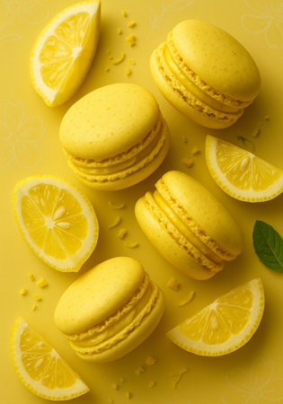 Lemon macarons on yellow background. Top view, flat layの素材