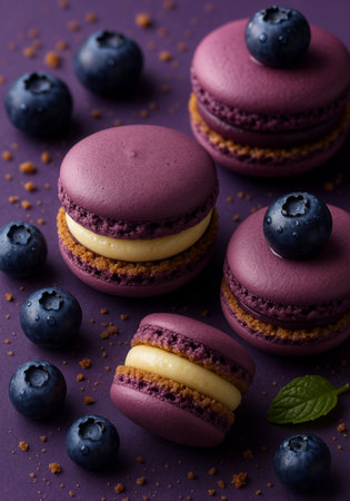 Macaroon with blueberries on a purple background. Toned.の素材