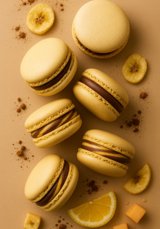 Tasty macaroon cookies with chocolate and banana on brown backgroundの素材
