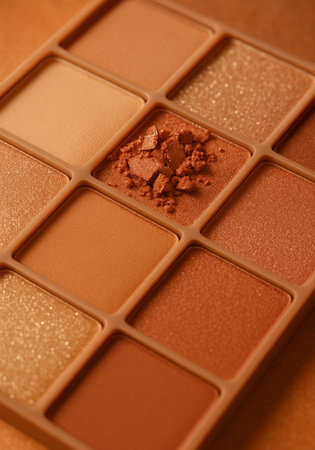 closeup of a palette of brown eyeshadows on a brown backgroundの素材