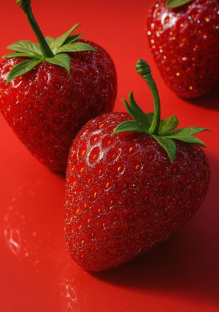 Strawberries on red background, close-up, vertical.の素材