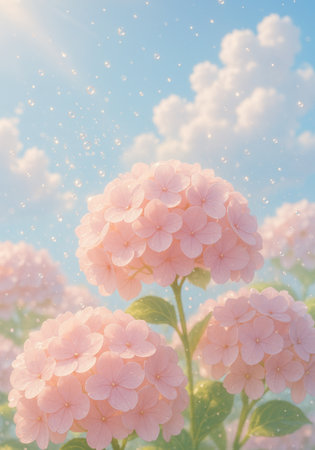 Pink hydrangea flowers on the background of blue sky with cloudsの素材