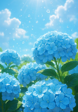 Hydrangea flowers with water drops on blue sky background with copy spaceの素材