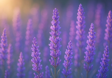 Lavender flowers blooming in lavender field at sunset.の素材