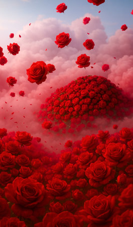 Red roses in the sky. 3d render. Nature background.の素材