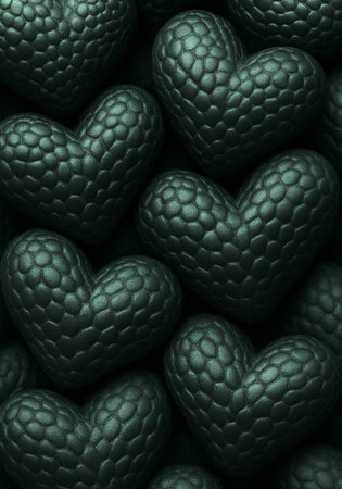 Hearts made of green leather. 3D illustration. Square composition.の素材