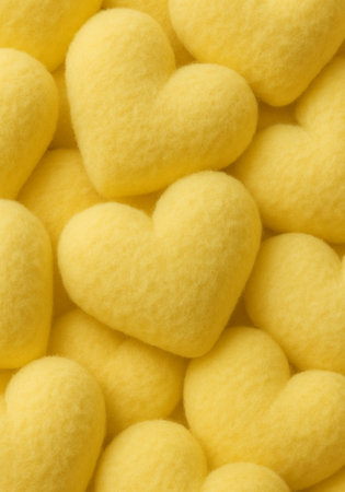 Yellow heart-shaped confetti as a background. Top view.の素材
